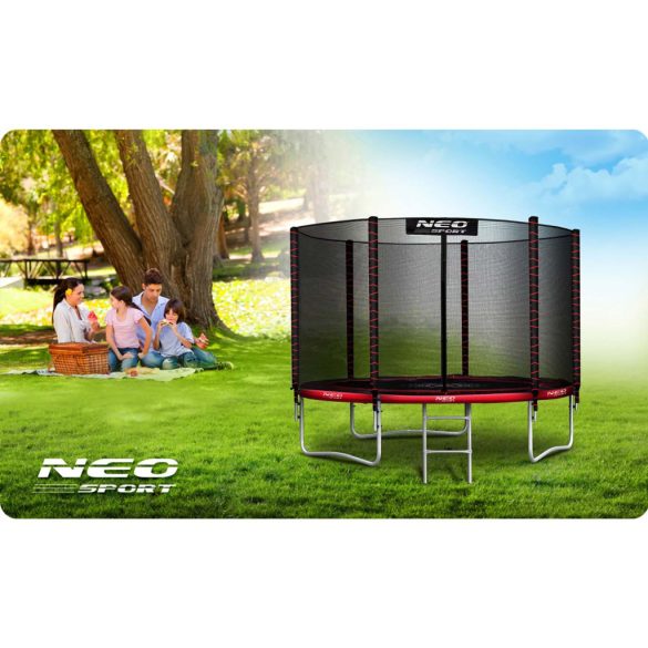 Kerti trambulin, Neo-Sport, fekete/piros, átmérő: 183 cm, kerek, magasság: 45 cm, 150 cm külső védőháló, létra, acél váz, 3 dupla láb, 50 kg teherbírás, 36 db rugó, fekete oszlopok