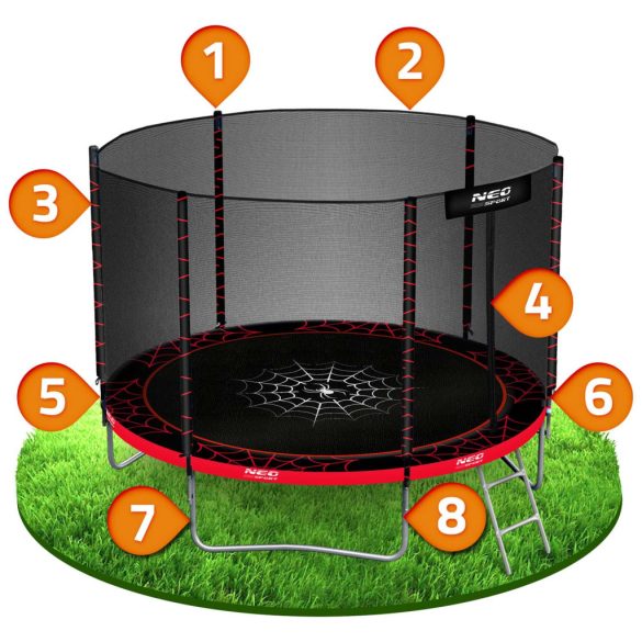 Kerti trambulin, Neo-Sport, fekete/piros, átmérő: 183 cm, kerek, magasság: 45 cm, 150 cm külső védőháló, létra, acél váz, 3 dupla láb, 50 kg teherbírás, 36 db rugó, fekete oszlopok
