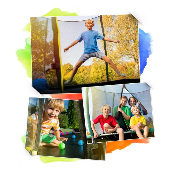 Kerti trambulin, Neo-Sport, fekete/zöld, átmérő: 252 cm, kerek, magasság: 55 cm, 180 cm belső védőháló, létra, acél váz, 3 dupla láb, 100 kg teherbírás, 42 db rugó, íves zöld oszlopok