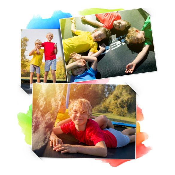 Kerti trambulin, Neo-Sport, fekete/zöld, átmérő: 252 cm, kerek, magasság: 55 cm, 180 cm belső védőháló, létra, acél váz, 3 dupla láb, 100 kg teherbírás, 42 db rugó, íves zöld oszlopok