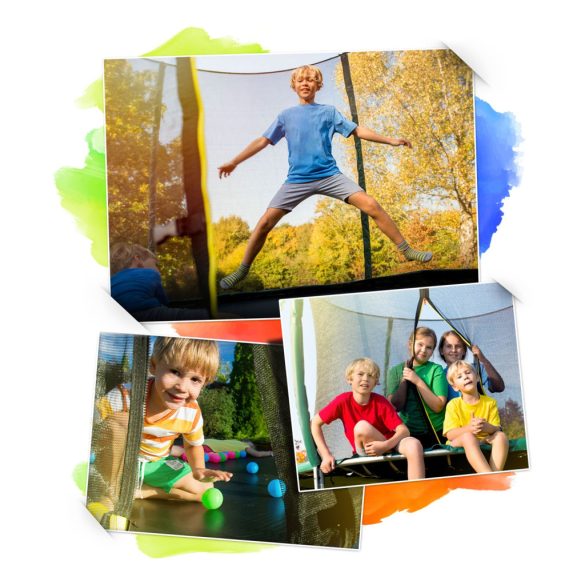 Kerti trambulin, Neo-Sport, fekete, átmérő: 252 cm, kerek, magasság: 55 cm, 180 cm belső védőháló, létra, acél váz, 3 dupla láb, 100 kg teherbírás, 42 db rugó, íves oszlopok