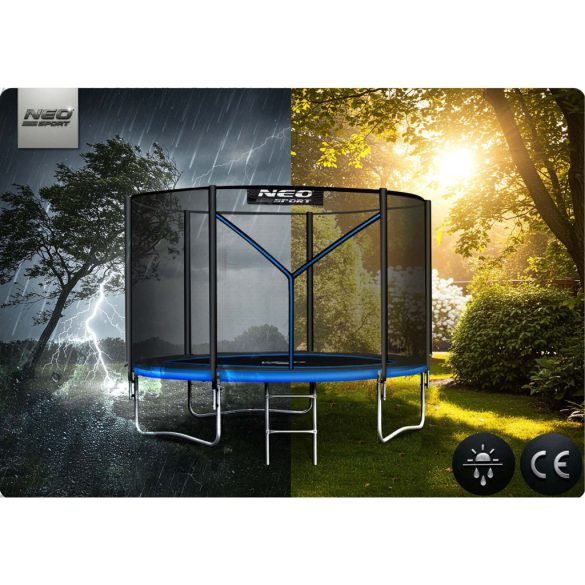 Kerti trambulin, Neo-Sport, fekete/kék, átmérő: 252 cm, kerek, magasság: 55 cm, 180 cm külső védőháló, létra, acél váz, 3 dupla láb, 100 kg teherbírás, 42 db rugó, fekete oszlopok
