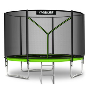 Kerti trambulin, Neo-Sport, fekete/zöld, átmérő: 252 cm, kerek, magasság: 55 cm, 180 cm külső védőháló, létra, acél váz, 3 dupla láb, 100 kg teherbírás, 42 db rugó