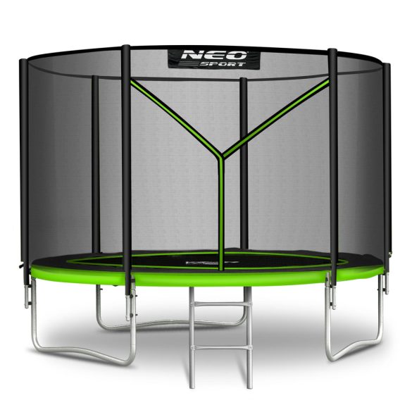 Kerti trambulin, Neo-Sport, fekete/zöld, átmérő: 252 cm, kerek, magasság: 55 cm, 180 cm külső védőháló, létra, acél váz, 3 dupla láb, 100 kg teherbírás, 42 db rugó