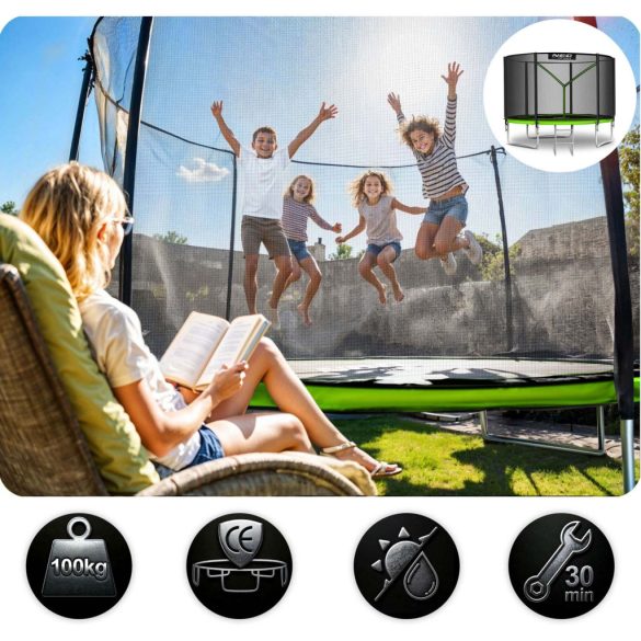 Kerti trambulin, Neo-Sport, fekete/zöld, átmérő: 252 cm, kerek, magasság: 55 cm, 180 cm külső védőháló, létra, acél váz, 3 dupla láb, 100 kg teherbírás, 42 db rugó