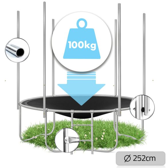 Kerti trambulin, Neo-Sport, fekete/piros, átmérő: 252 cm, kerek, magasság: 55 cm, 180 cm külső védőháló, létra, acél váz, 3 dupla láb, 100 kg teherbírás, 42 db rugó, fekete oszlopok