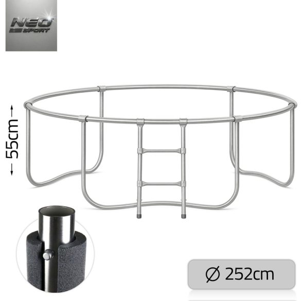 Kerti trambulin, Neo-Sport, fekete/piros, átmérő: 252 cm, kerek, magasság: 55 cm, 180 cm külső védőháló, létra, acél váz, 3 dupla láb, 100 kg teherbírás, 42 db rugó, fekete oszlopok