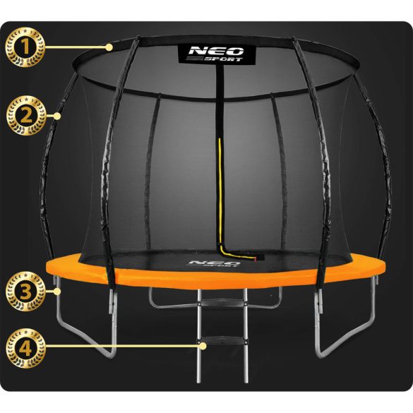 Kerti trambulin, Neo-Sport, fekete/narancssárga, átmérő: 312 cm, kerek, magasság: 65 cm, 180 cm belső védőháló, létra, acél váz, 3 dupla láb, 150 kg teherbírás, 54 db rugó, íves oszlopok