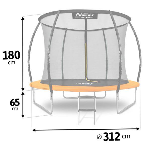 Kerti trambulin, Neo-Sport, fekete/narancssárga, átmérő: 312 cm, kerek, magasság: 65 cm, 180 cm belső védőháló, létra, acél váz, 3 dupla láb, 150 kg teherbírás, 54 db rugó, íves oszlopok