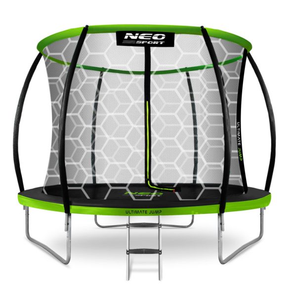 Kerti trambulin, Neo-Sport, fekete/zöld, átmérő: 312 cm, kerek, magasság: 65 cm, 180 cm belső védőháló, létra, acél váz, 3 dupla láb, 150 kg teherbírás, 54 db rugó, íves oszlopok