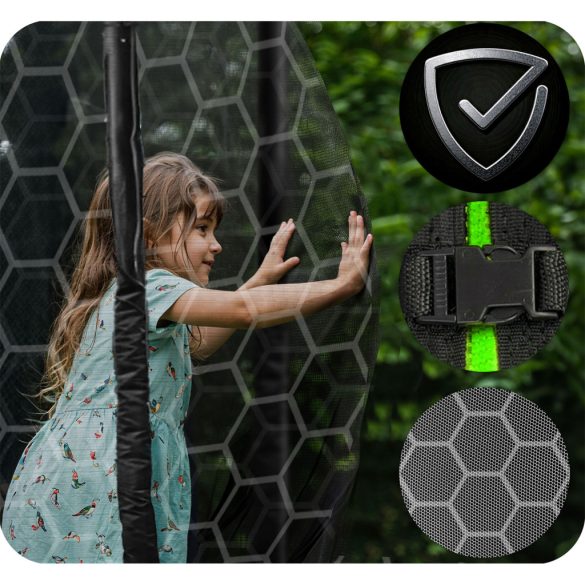 Kerti trambulin, Neo-Sport, fekete/zöld, átmérő: 312 cm, kerek, magasság: 65 cm, 180 cm belső védőháló, létra, acél váz, 3 dupla láb, 150 kg teherbírás, 54 db rugó, íves oszlopok