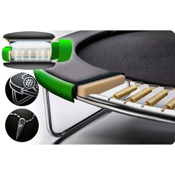 Kerti trambulin, Neo-Sport, fekete/zöld, átmérő: 312 cm, kerek, magasság: 65 cm, 180 cm belső védőháló, létra, acél váz, 3 dupla láb, 150 kg teherbírás, 54 db rugó, íves oszlopok