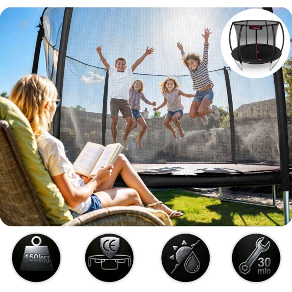 Kerti trambulin, Neo-Sport, fekete, átmérő: 312 cm, kerek, magasság: 65 cm, 180 cm belső védőháló, létra, acél váz, 3 dupla láb, 150 kg teherbírás, 54 db rugó, íves oszlopok