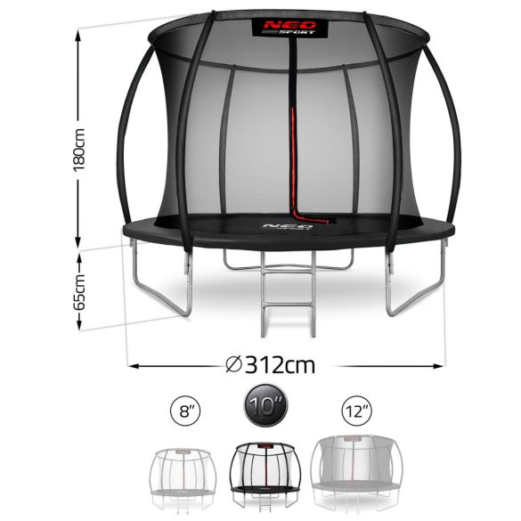 Kerti trambulin, Neo-Sport, fekete, átmérő: 312 cm, kerek, magasság: 65 cm, 180 cm belső védőháló, létra, acél váz, 3 dupla láb, 150 kg teherbírás, 54 db rugó, íves oszlopok