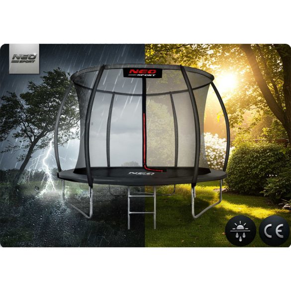 Kerti trambulin, Neo-Sport, fekete, átmérő: 312 cm, kerek, magasság: 65 cm, 180 cm belső védőháló, létra, acél váz, 3 dupla láb, 150 kg teherbírás, 54 db rugó, íves oszlopok