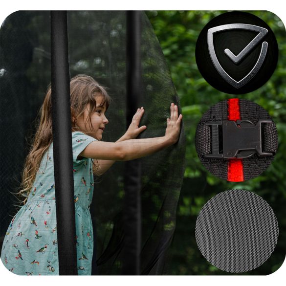 Kerti trambulin, Neo-Sport, fekete, átmérő: 312 cm, kerek, magasság: 65 cm, 180 cm belső védőháló, létra, acél váz, 3 dupla láb, 150 kg teherbírás, 54 db rugó, íves oszlopok