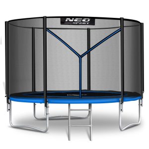 Kerti trambulin, Neo-Sport, fekete/kék, átmérő: 312 cm, kerek, magasság: 65 cm, 180 cm külső védőháló, létra, acél váz, 3 dupla láb, 150 kg teherbírás, 54 db rugó, fekete oszlopok
