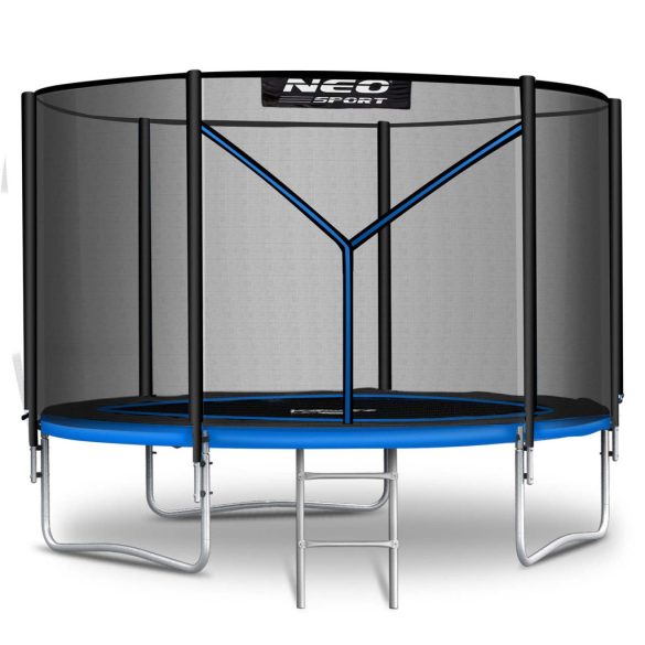 Kerti trambulin, Neo-Sport, fekete/kék, átmérő: 312 cm, kerek, magasság: 65 cm, 180 cm külső védőháló, létra, acél váz, 3 dupla láb, 150 kg teherbírás, 54 db rugó, fekete oszlopok