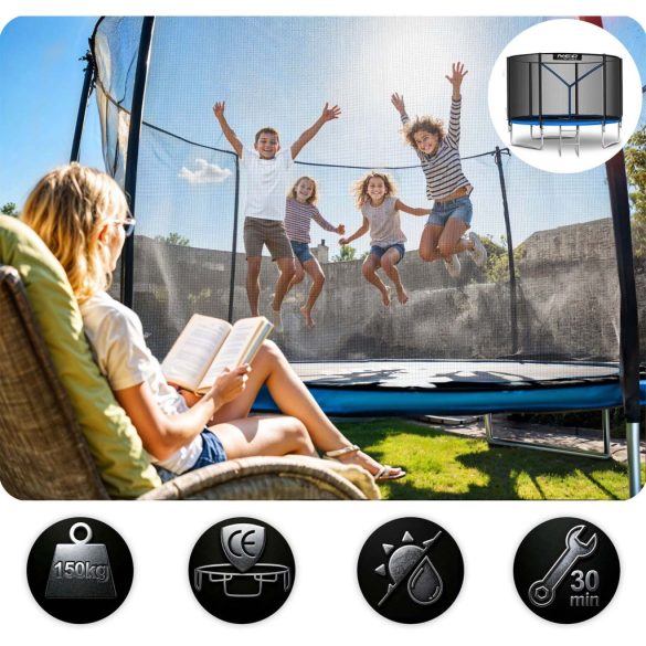 Kerti trambulin, Neo-Sport, fekete/kék, átmérő: 312 cm, kerek, magasság: 65 cm, 180 cm külső védőháló, létra, acél váz, 3 dupla láb, 150 kg teherbírás, 54 db rugó, fekete oszlopok
