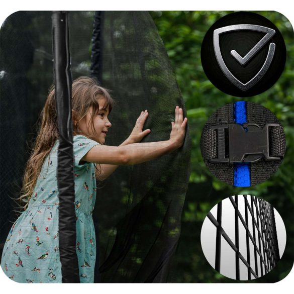 Kerti trambulin, Neo-Sport, fekete/kék, átmérő: 312 cm, kerek, magasság: 65 cm, 180 cm külső védőháló, létra, acél váz, 3 dupla láb, 150 kg teherbírás, 54 db rugó, fekete oszlopok