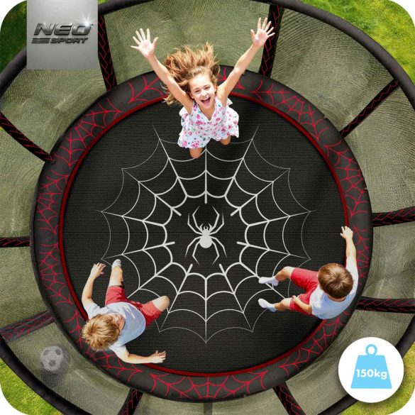 Kerti trambulin, Neo-Sport, fekete/piros, átmérő: 312 cm, kerek, magasság: 65 cm, 180 cm külső védőháló, létra, acél váz, 3 dupla láb, 150 kg teherbírás, 54 db rugó, fekete oszlopok