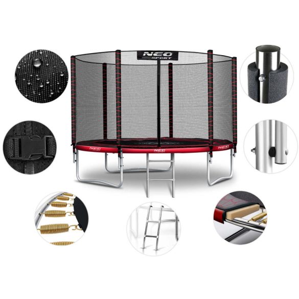 Kerti trambulin, Neo-Sport, fekete/piros, átmérő: 312 cm, kerek, magasság: 65 cm, 180 cm külső védőháló, létra, acél váz, 3 dupla láb, 150 kg teherbírás, 54 db rugó, fekete oszlopok