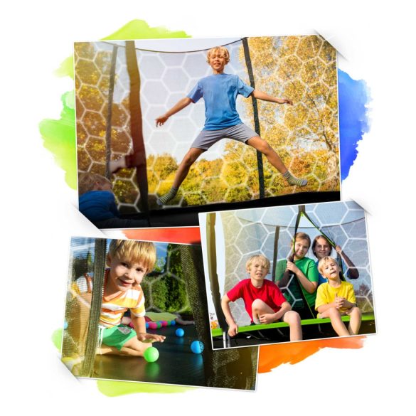 Kerti trambulin, Neo-Sport, fekete/zöld, átmérő: 374 cm, kerek, magasság: 70 cm, 180 cm belső védőháló, létra, acél váz, 4 dupla láb, 150 kg teherbírás, 64 db rugó, fekete oszlopok