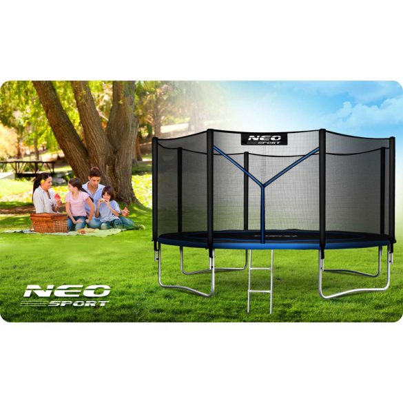 Kerti trambulin, Neo-Sport, fekete/kék, átmérő: 374 cm, kerek, magasság: 80 cm, 180 cm külső védőháló, létra, acél váz, 4 dupla láb, 150 kg teherbírás, 64 db rugó, fekete oszlopok