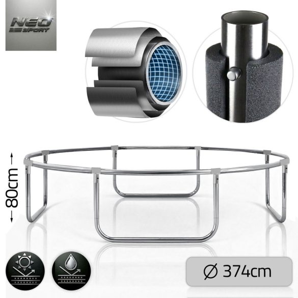 Kerti trambulin, Neo-Sport, fekete/zöld, átmérő: 374 cm, kerek, magasság: 80 cm, 180 cm külső védőháló, létra, acél váz, 4 dupla láb, 150 kg teherbírás, 64 db rugó