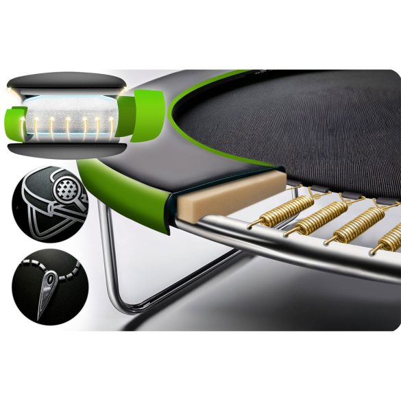 Kerti trambulin, Neo-Sport, fekete/zöld, átmérő: 374 cm, kerek, magasság: 80 cm, 180 cm külső védőháló, létra, acél váz, 4 dupla láb, 150 kg teherbírás, 64 db rugó