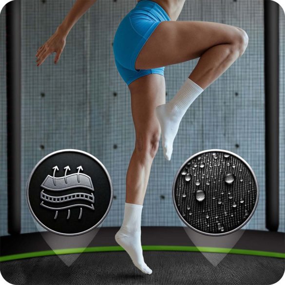 Kerti trambulin, Neo-Sport, fekete/zöld, átmérő: 374 cm, kerek, magasság: 80 cm, 180 cm külső védőháló, létra, acél váz, 4 dupla láb, 150 kg teherbírás, 64 db rugó