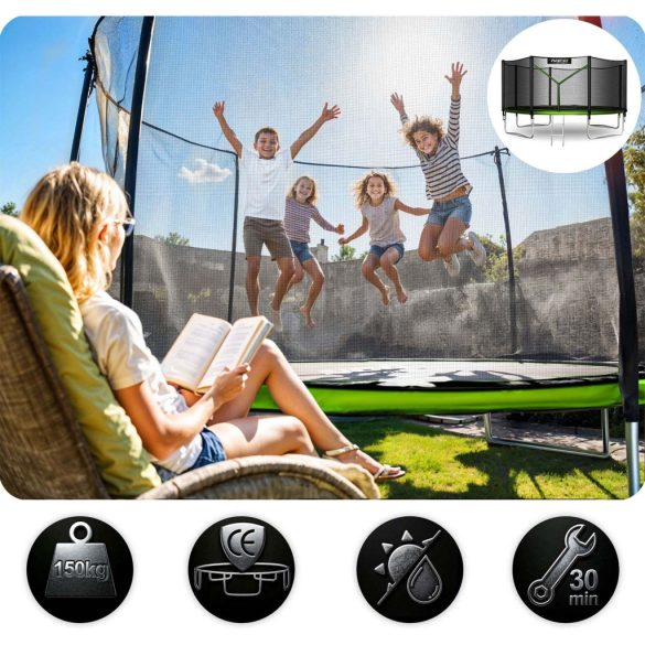 Kerti trambulin, Neo-Sport, fekete/zöld, átmérő: 374 cm, kerek, magasság: 80 cm, 180 cm külső védőháló, létra, acél váz, 4 dupla láb, 150 kg teherbírás, 64 db rugó