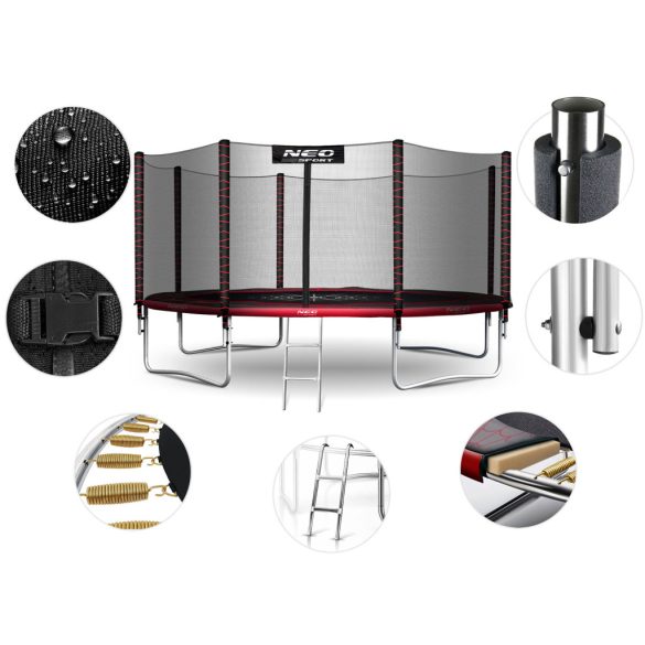 Kerti trambulin, Neo-Sport, fekete/piros, átmérő: 374 cm, kerek, magasság: 80 cm, 180 cm külső védőháló, létra, acél váz, 4 dupla láb, 150 kg teherbírás, 64 db rugó, fekete oszlopok