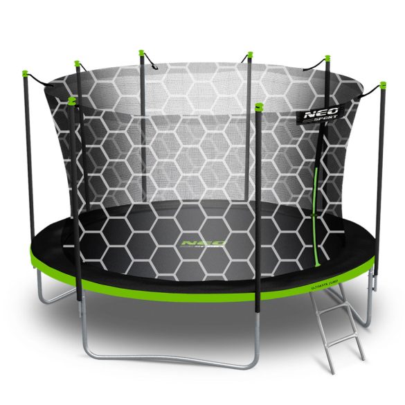 Kerti trambulin, Neo-Sport, fekete/zöld, átmérő: 404 cm, kerek, magasság: 70 cm, 180 cm belső védőháló, létra, acél váz, 4 dupla láb, 150 kg teherbírás, 72 db rugó, fekete oszlopok