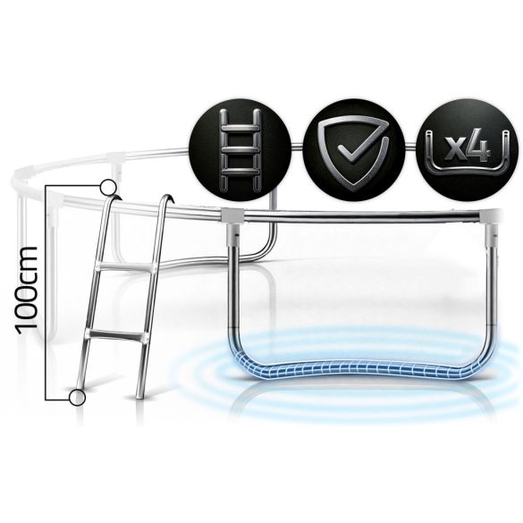 Kerti trambulin, Neo-Sport, fekete/zöld, átmérő: 404 cm, kerek, magasság: 70 cm, 180 cm belső védőháló, létra, acél váz, 4 dupla láb, 150 kg teherbírás, 72 db rugó, fekete oszlopok
