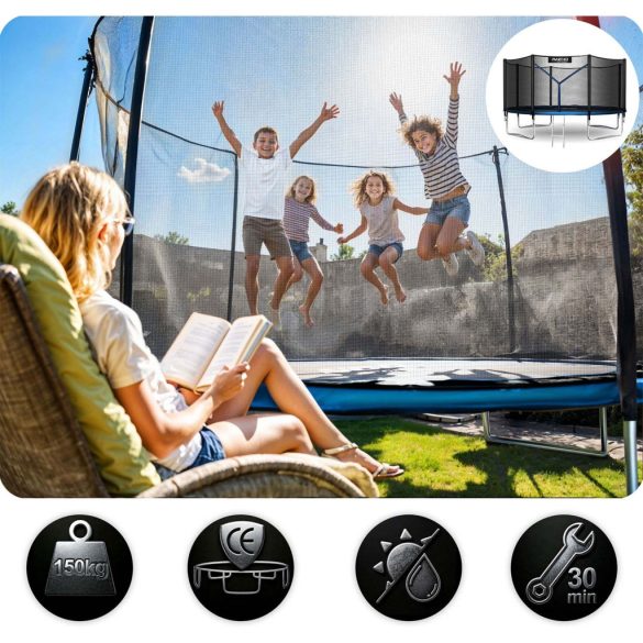 Kerti trambulin, Neo-Sport, fekete/kék, átmérő: 404 cm, kerek, magasság: 80 cm, 180 cm külső védőháló, létra, acél váz, 4 dupla láb, 150 kg teherbírás, 72 db rugó, fekete oszlopok