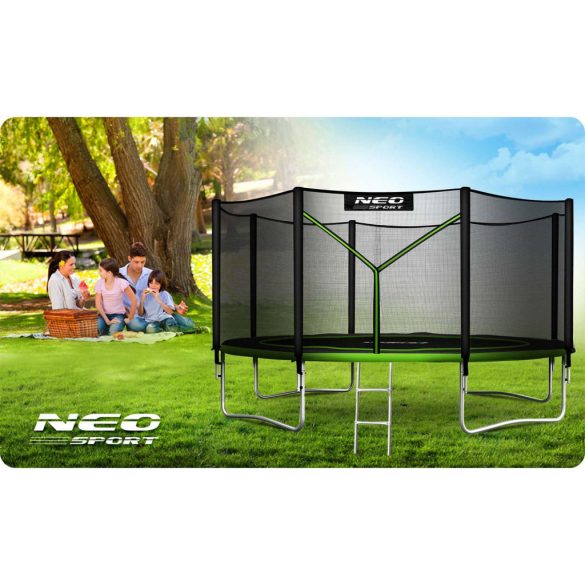 Kerti trambulin, Neo-Sport, fekete/zöld, átmérő: 404 cm, kerek, magasság: 80 cm, 180 cm külső védőháló, létra, acél váz, 4 dupla láb, 150 kg teherbírás, 72 db rugó
