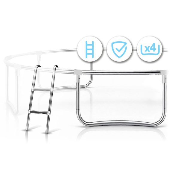 Kerti trambulin, Neo-Sport, fekete/piros, átmérő: 404 cm, kerek, magasság: 80 cm, 180 cm külső védőháló, létra, acél váz, 4 dupla láb, 150 kg teherbírás, 72 db rugó, fekete oszlopok