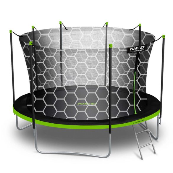 Kerti trambulin, Neo-Sport, fekete/zöld, átmérő: 435 cm, kerek, magasság: 70 cm, 180 cm belső védőháló, létra, acél váz, 4 dupla láb, 150 kg teherbírás, 80 db rugó, fekete oszlopok