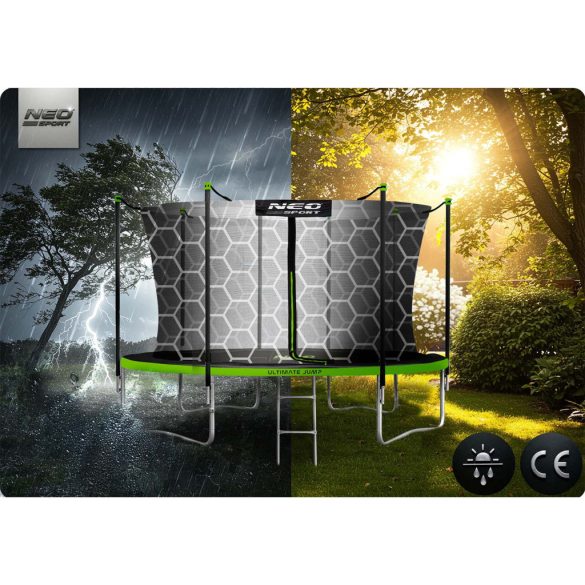 Kerti trambulin, Neo-Sport, fekete/zöld, átmérő: 435 cm, kerek, magasság: 70 cm, 180 cm belső védőháló, létra, acél váz, 4 dupla láb, 150 kg teherbírás, 80 db rugó, fekete oszlopok