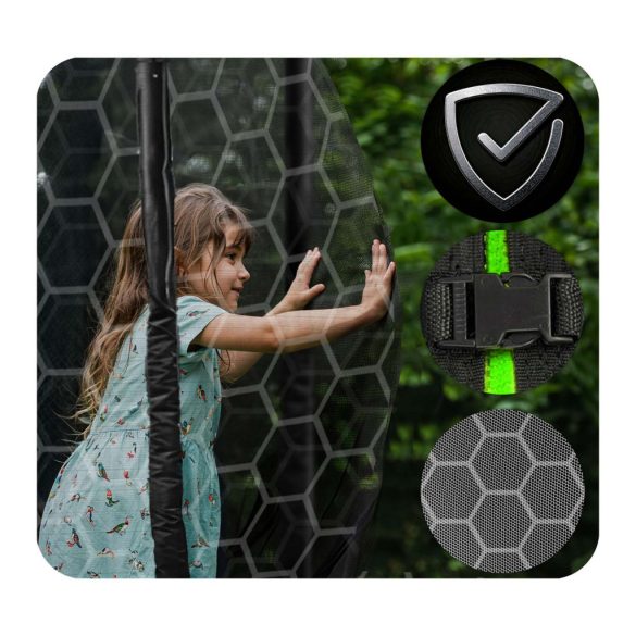 Kerti trambulin, Neo-Sport, fekete/zöld, átmérő: 435 cm, kerek, magasság: 70 cm, 180 cm belső védőháló, létra, acél váz, 4 dupla láb, 150 kg teherbírás, 80 db rugó, fekete oszlopok