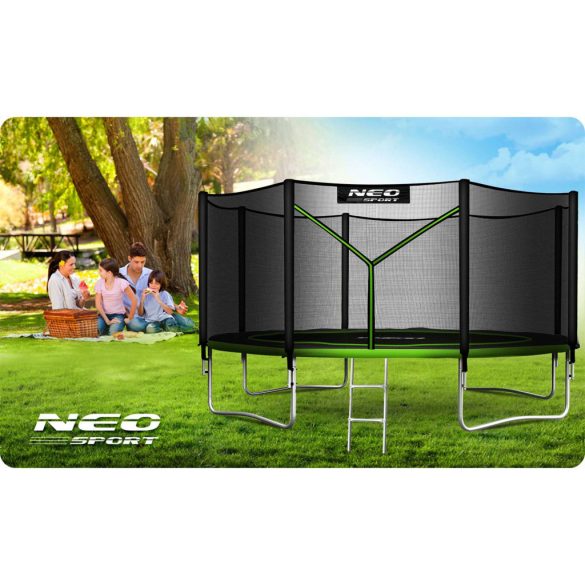 Kerti trambulin, Neo-Sport, fekete/zöld, átmérő: 435 cm, kerek, magasság: 70 cm, 180 cm külső védőháló, létra, acél váz, 4 dupla láb, 150 kg teherbírás, 80 db rugó