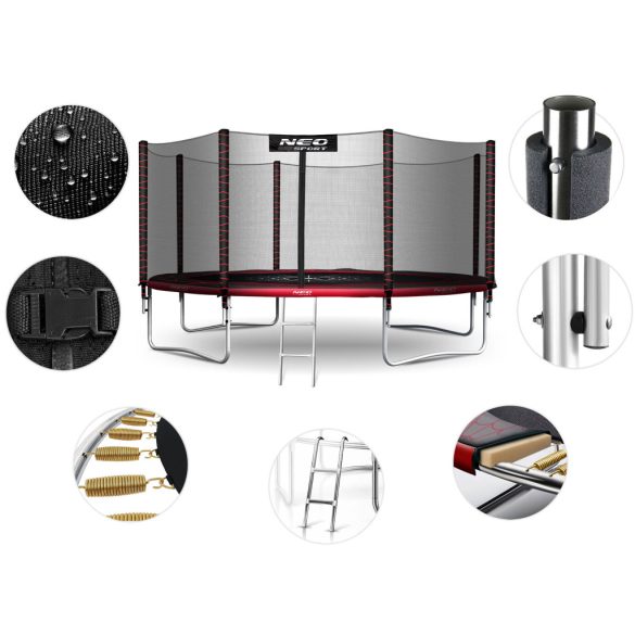 Kerti trambulin, Neo-Sport, fekete/piros, átmérő: 435 cm, kerek, magasság: 70 cm, 180 cm külső védőháló, létra, acél váz, 4 dupla láb, 150 kg teherbírás, 80 db rugó, fekete oszlopok