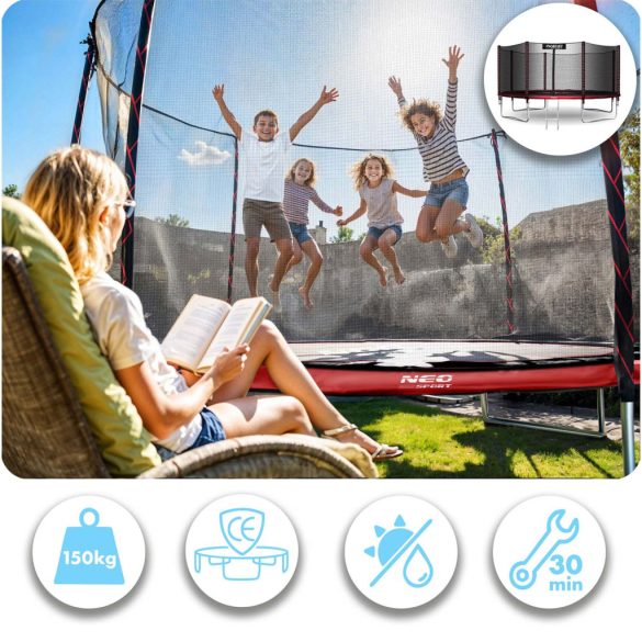 Kerti trambulin, Neo-Sport, fekete/piros, átmérő: 435 cm, kerek, magasság: 70 cm, 180 cm külső védőháló, létra, acél váz, 4 dupla láb, 150 kg teherbírás, 80 db rugó, fekete oszlopok