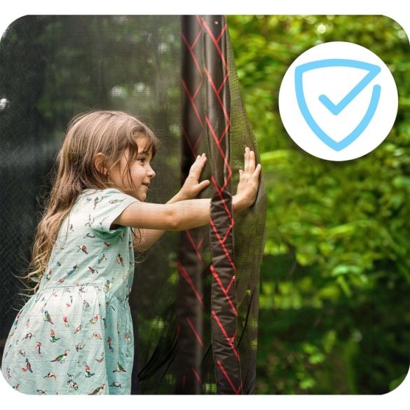 Kerti trambulin, Neo-Sport, fekete/piros, átmérő: 435 cm, kerek, magasság: 70 cm, 180 cm külső védőháló, létra, acél váz, 4 dupla láb, 150 kg teherbírás, 80 db rugó, fekete oszlopok