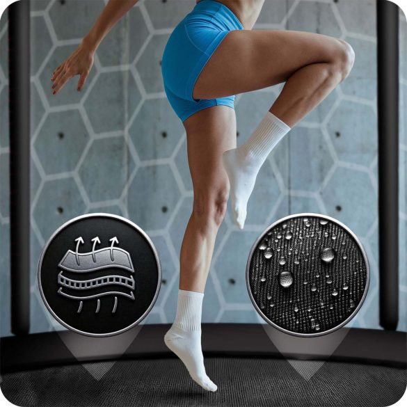 Kerti trambulin, Neo-Sport, fekete/zöld, átmérő: 465 cm, kerek, magasság: 80 cm, 180 cm belső védőháló, létra, acél váz, 4 dupla láb, 150 kg teherbírás, 90 db rugó, fekete oszlopok