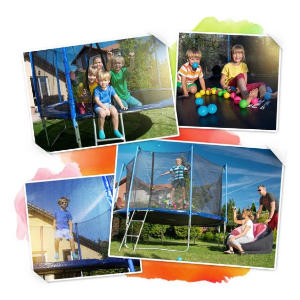 Kerti trambulin, Neo-Sport, fekete/kék, átmérő: 465 cm, kerek, magasság: 80 cm, 180 cm belső védőháló, létra, acél váz, 4 dupla láb, 150 kg teherbírás, 90 db rugó, fekete oszlopok