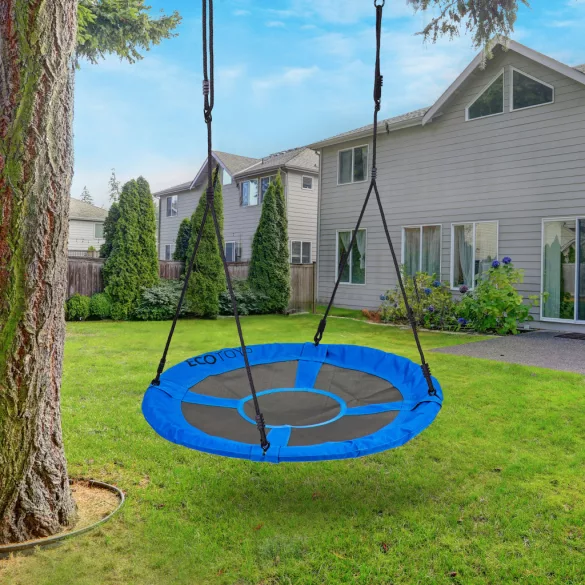 Fészekhinta, ECOTOYS BOC100, kék, átmérő: 100 cm, vízálló, állítható kötélmagasság: 140-190 cm, acél váz, poliészter, teherbírás: 150 kg