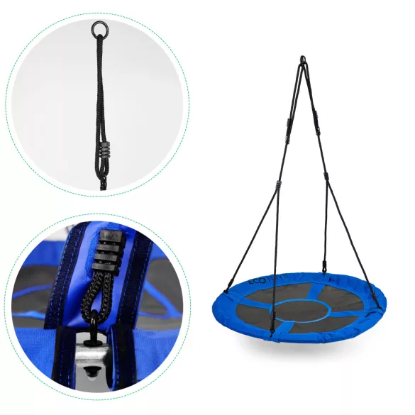 Fészekhinta, ECOTOYS BOC100, kék, átmérő: 100 cm, vízálló, állítható kötélmagasság: 140-190 cm, acél váz, poliészter, teherbírás: 150 kg