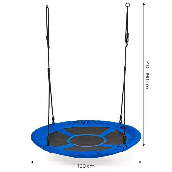 Fészekhinta, ECOTOYS BOC100, kék, átmérő: 100 cm, vízálló, állítható kötélmagasság: 140-190 cm, acél váz, poliészter, teherbírás: 150 kg